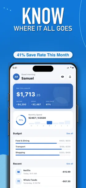 Spendington dashboard showing spending overview, budgets, and recent transactions