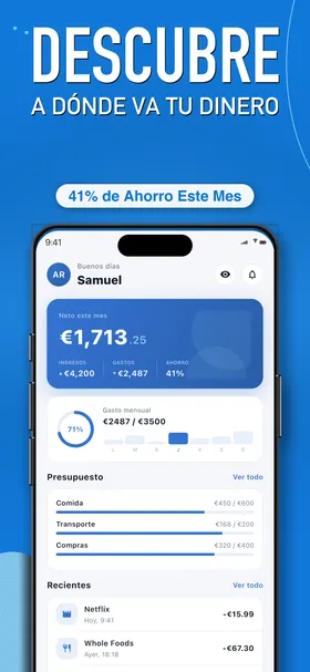 Spendington dashboard showing spending overview, budgets, and recent transactions