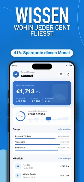 Spendington dashboard showing spending overview, budgets, and recent transactions