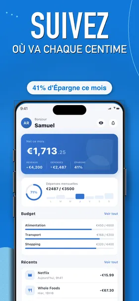Spendington dashboard showing spending overview, budgets, and recent transactions