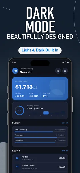 Spendington dashboard in dark mode