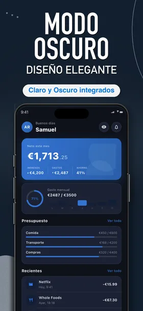 Spendington dashboard in dark mode
