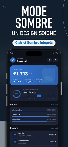 Spendington dashboard in dark mode