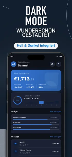 Spendington dashboard in dark mode